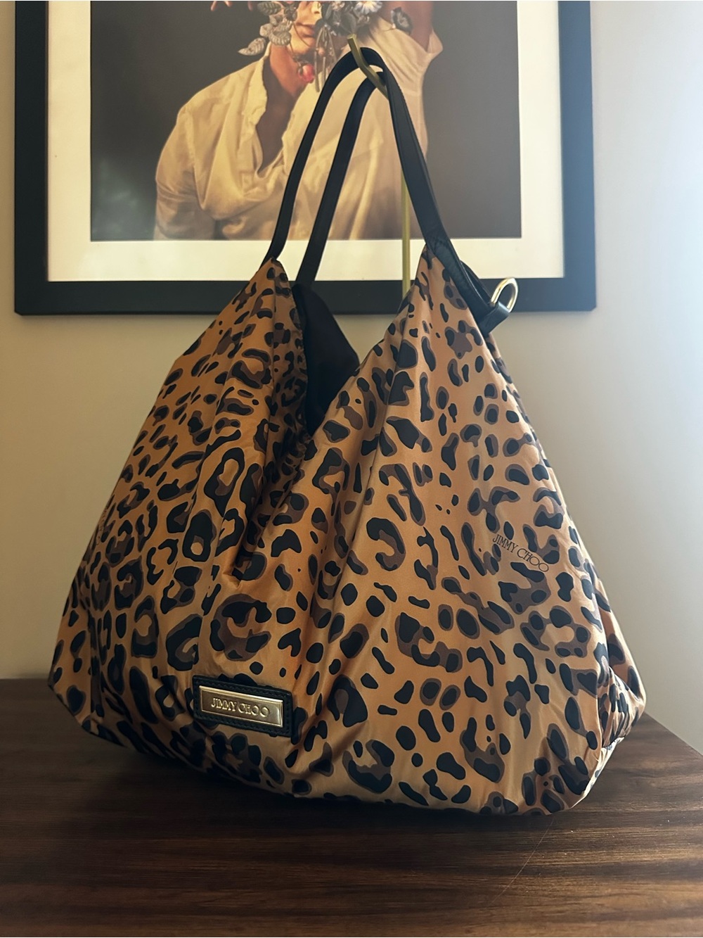 Jimmy Choo Nylon & Leather Leopard Print Shoulder Bag